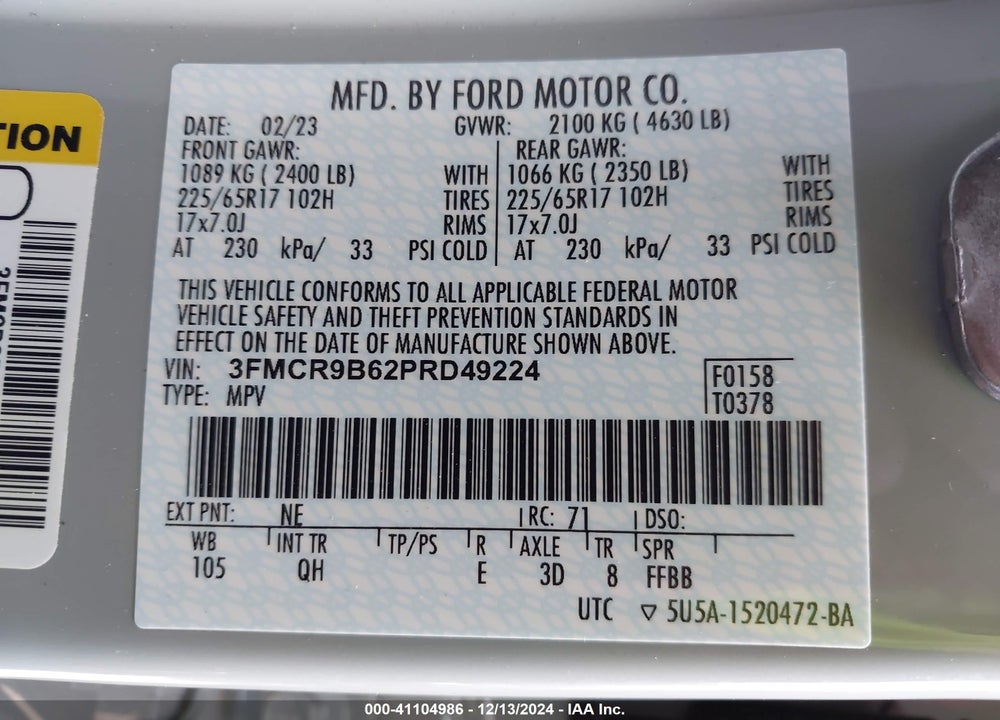 2023 FORD BRONCO SPORT BIG BEND VIN: 3FMCR9B62PRD49224