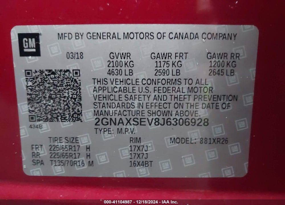 2018 CHEVROLET EQUINOX LT VIN: 2GNAXSEV8J6306928