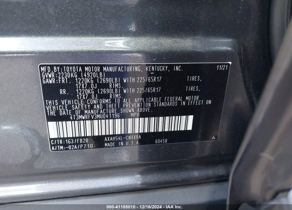 2021 TOYOTA RAV4 HYBRID LE VIN: 4T3MWRFV3MU041196