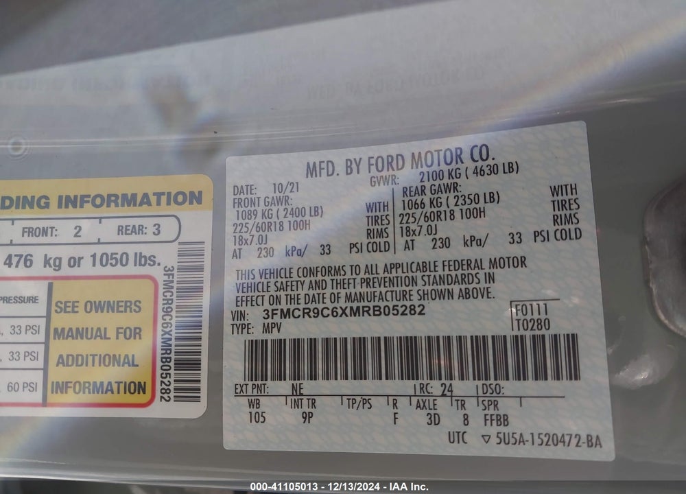 2021 FORD BRONCO SPORT OUTER BANKS VIN: 3FMCR9C6XMRB05282