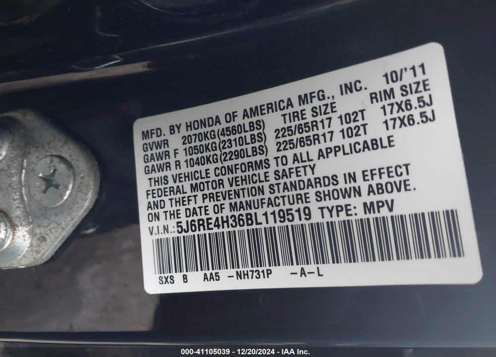 2011 HONDA CR-V LX VIN: 5J6RE4H36BL119519