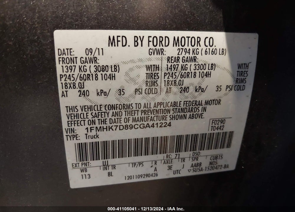 2012 FORD EXPLORER XLT VIN: 1FMHK7D89CGA41224