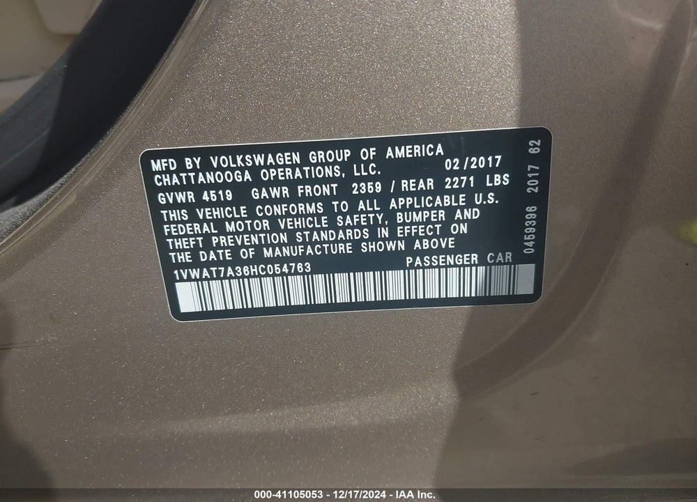 2017 VOLKSWAGEN PASSAT VIN: 1VWAT7A36HC054763