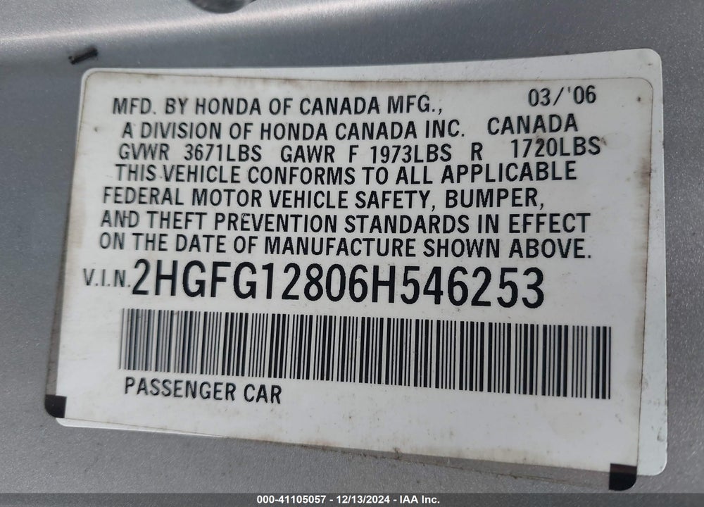 2006 HONDA CIVIC VIN: 2HGFG12806H546253