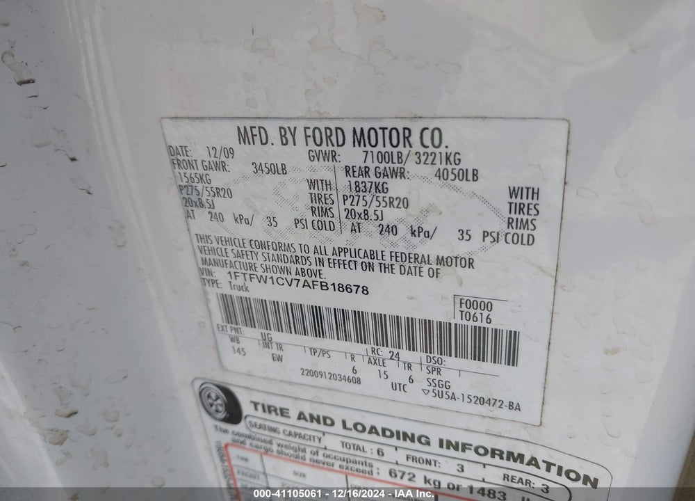 2010 FORD F-150 FX2 SPORT/HARLEY-DAVIDSON/KING RANCH/LARIAT/PLATINUM/XL/XLT VIN: 1FTFW1CV7AFB18678