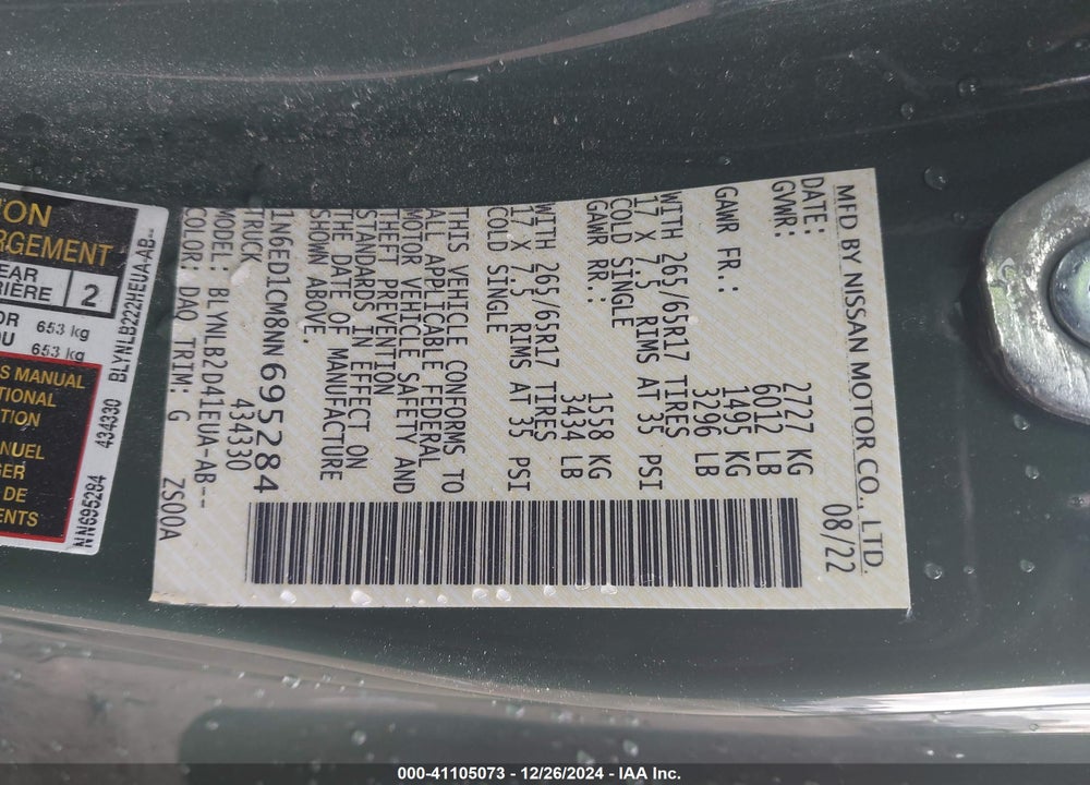 2022 NISSAN FRONTIER SV 4X4 VIN: 1N6ED1CM8NN695284