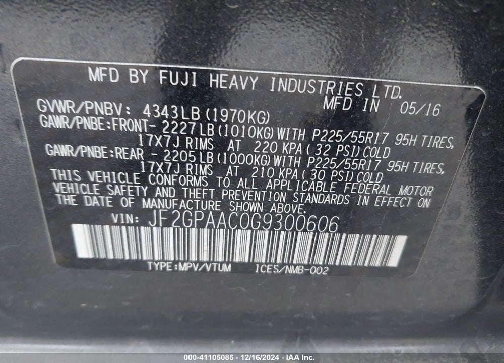 2016 SUBARU CROSSTREK 2.0I VIN: JF2GPAAC0G9300606