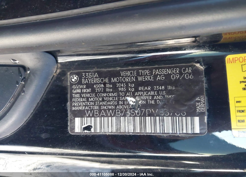 2007 BMW 335I VIN: WBAWB73507PV83768