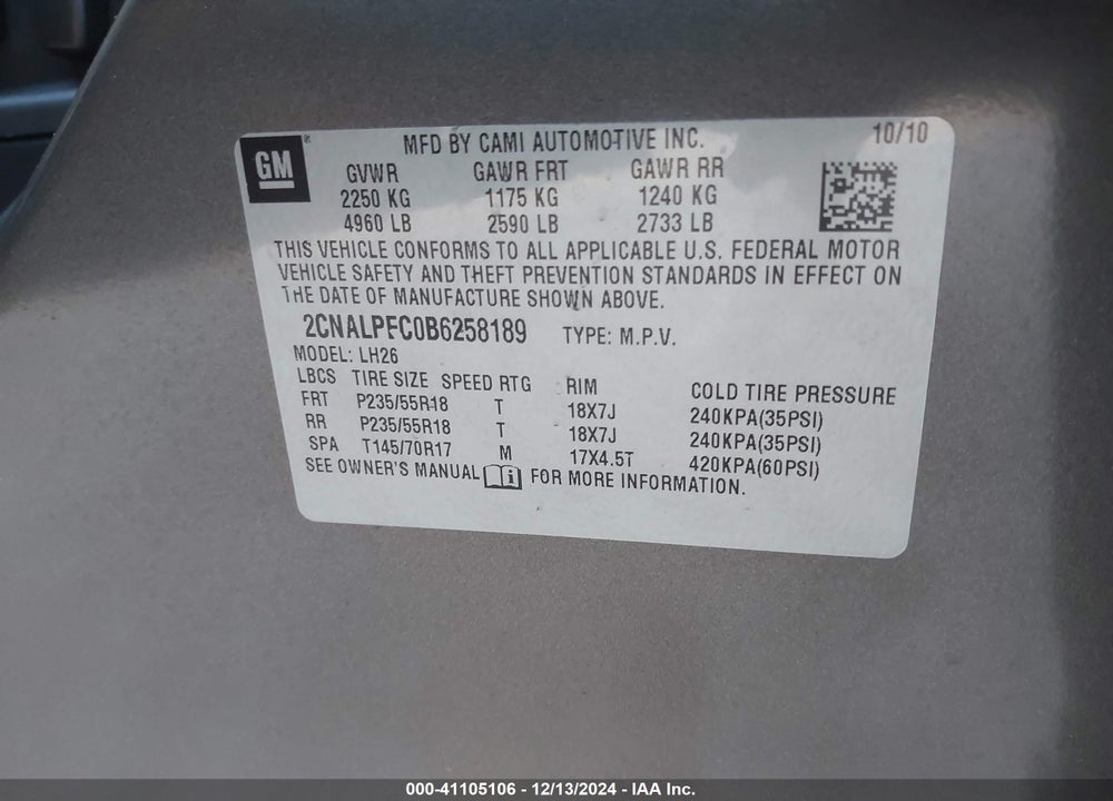 2011 CHEVROLET EQUINOX 2LT VIN: 2CNALPEC0B6258189