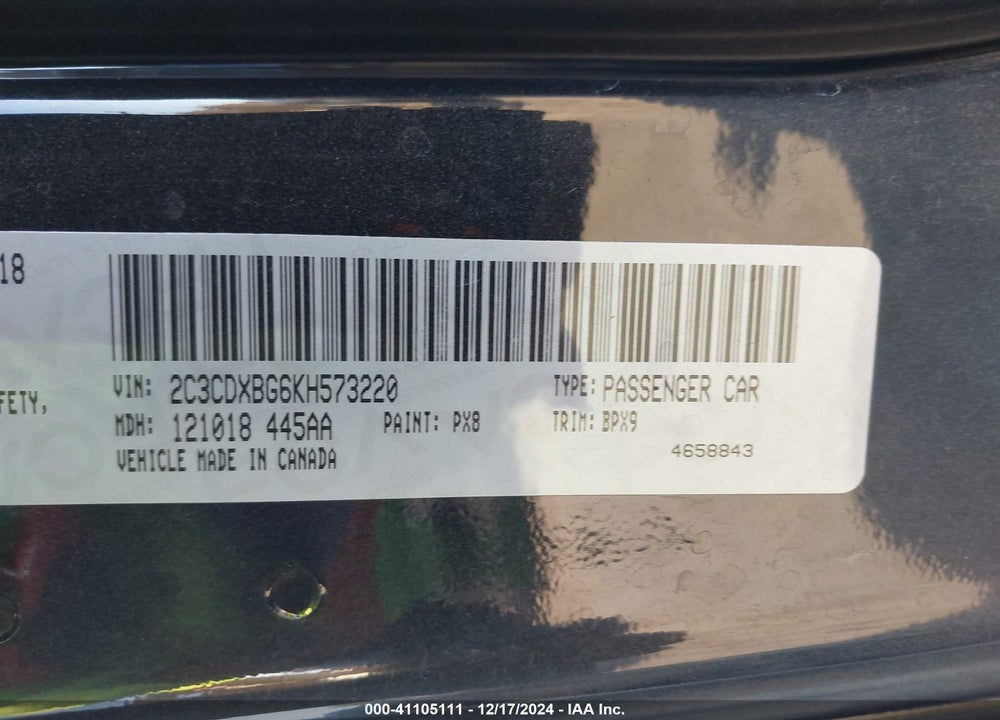 2019 DODGE CHARGER SXT RWD VIN: 2C3CDXBG6KH573220