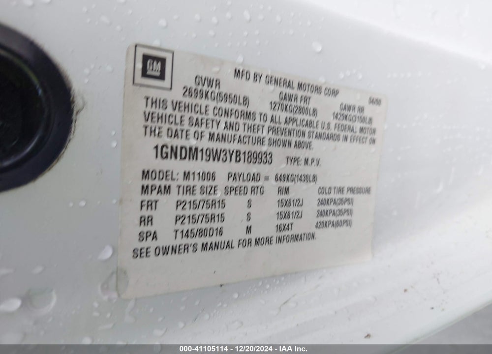 2000 CHEVROLET ASTRO VIN: 1GNDM19W3YB189933