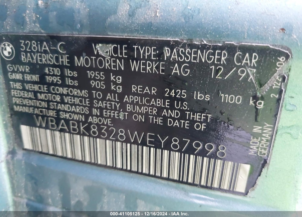 1998 BMW 328IC VIN: WBABK8328WEY87998