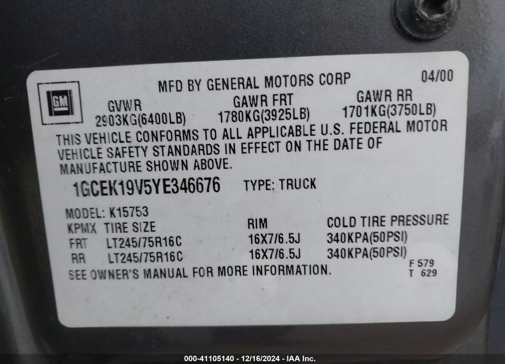 2000 CHEVROLET SILVERADO 1500 LS VIN: 1GCEK19V5YE346676