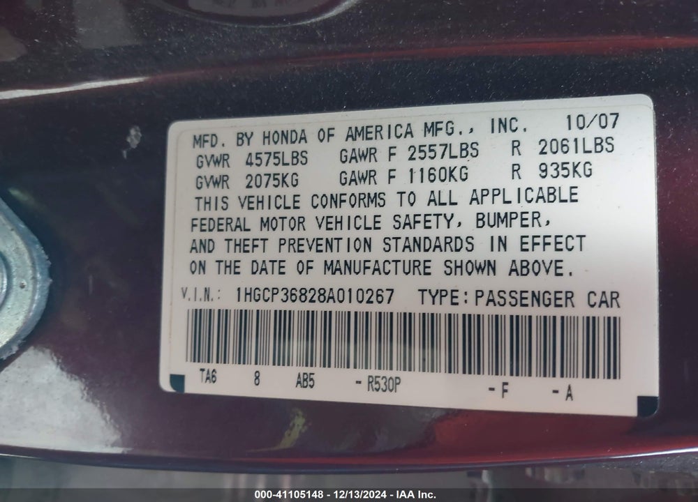 2008 HONDA ACCORD VIN: 1HGCP36828A010267