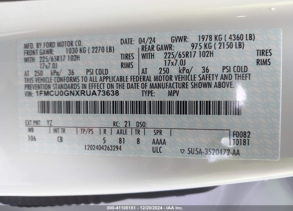 2024 FORD ESCAPE ACTIVE VIN: 1FMCU0GNXRUA73638