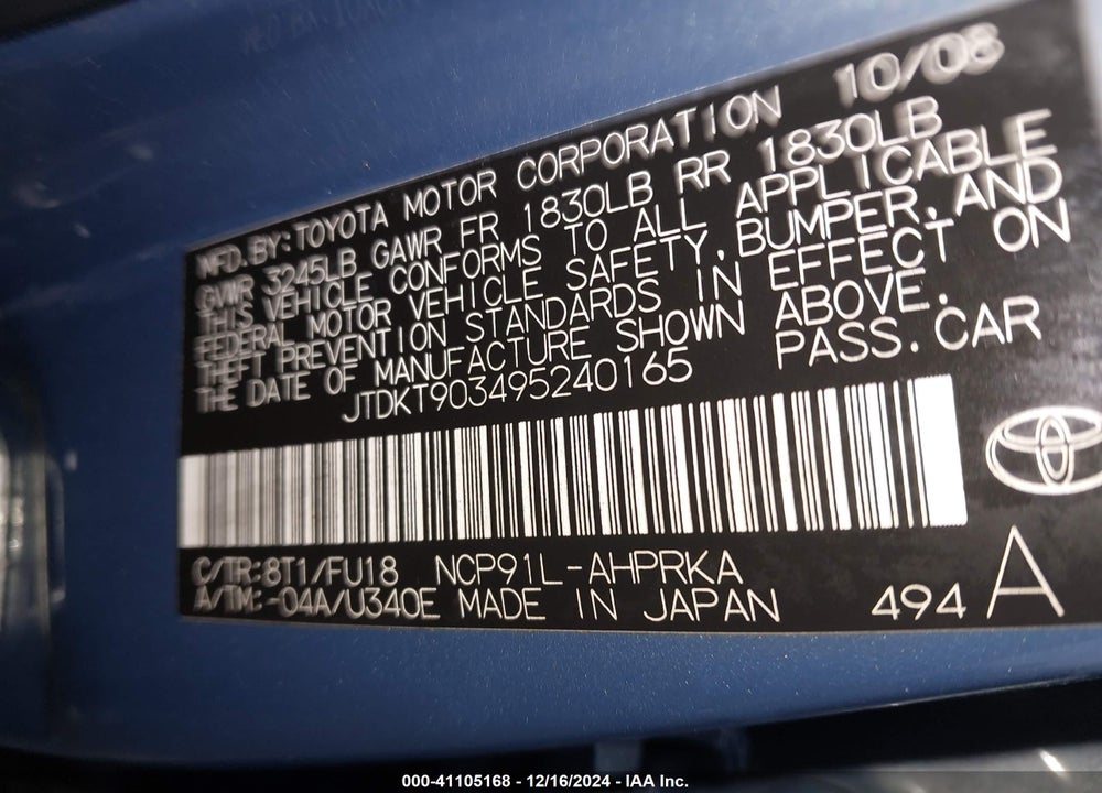 2009 TOYOTA YARIS VIN: JTDKT903495240165