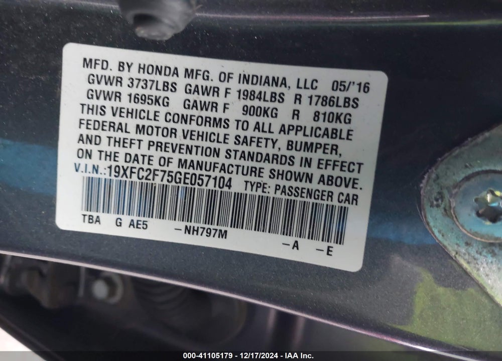 2016 HONDA CIVIC EX VIN: 19XFC2F75GE057104