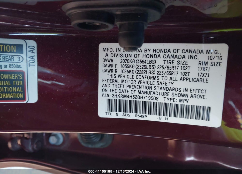 2016 HONDA CR-V EX VIN: 2HKRM4H52GH719508