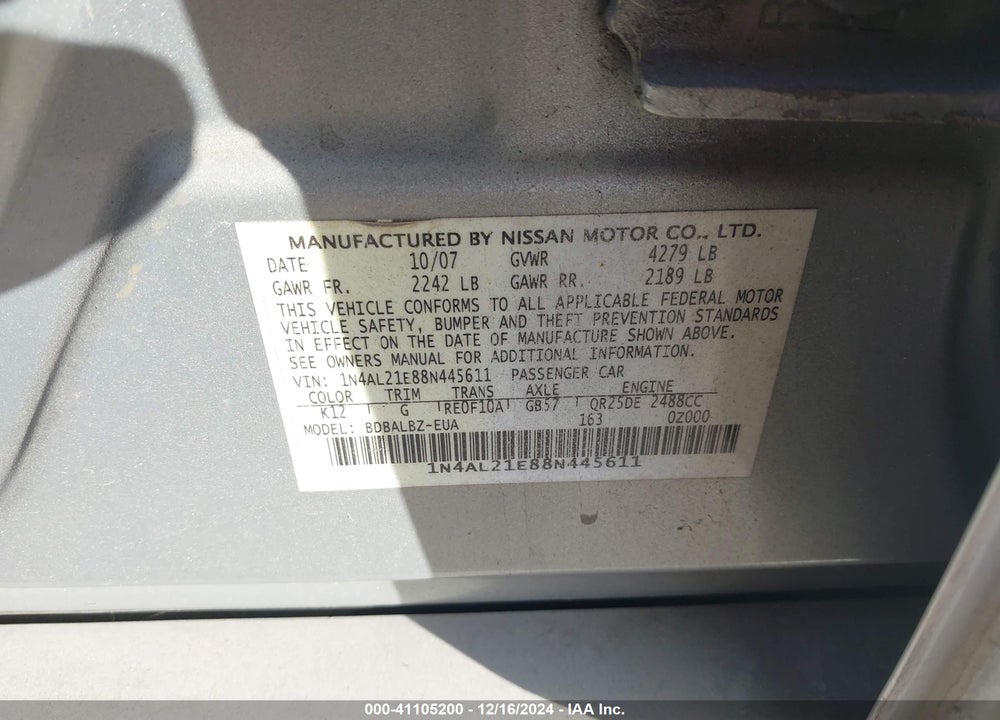 2008 NISSAN ALTIMA 2.5 S VIN: 1N4AL21E88N445611