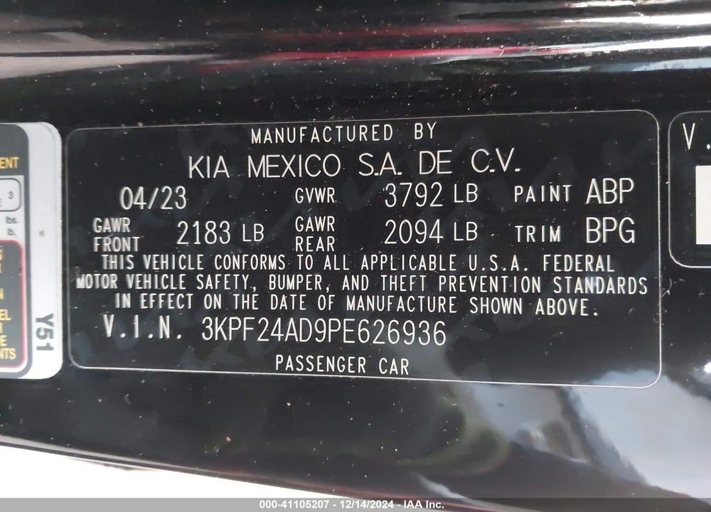 2023 KIA FORTE LXS VIN: 3KPF24AD9PE626936