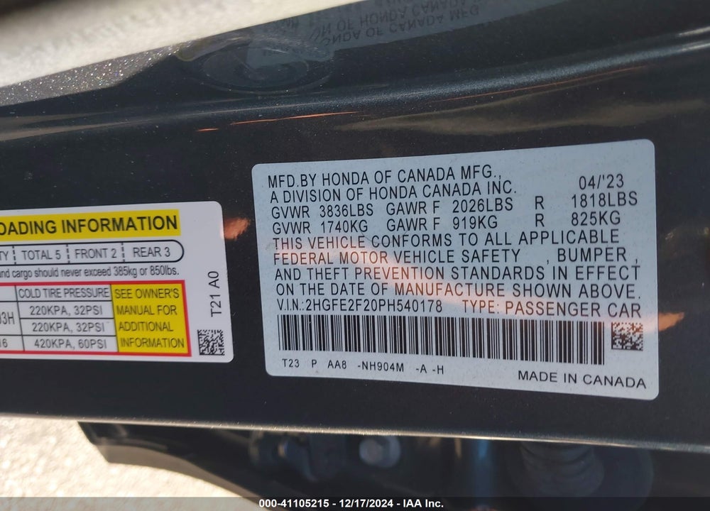 2023 HONDA CIVIC VIN: 2HGFE2F20PH540178