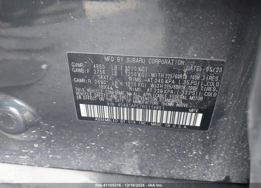 2024 SUBARU OUTBACK TOURING VIN: 4S4BTAPC7R3114851