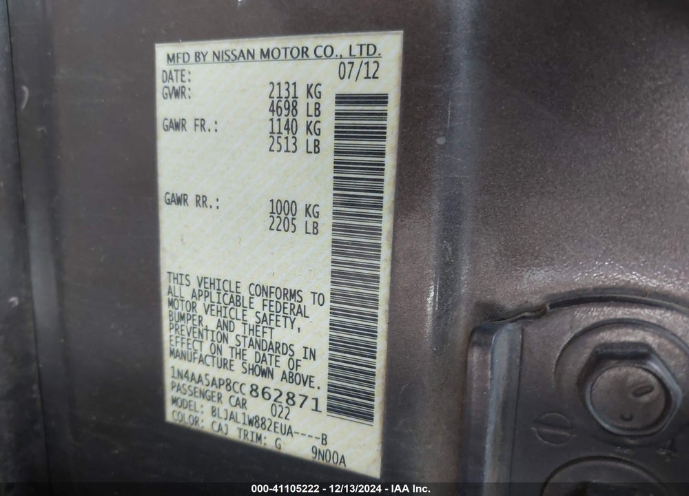 2012 NISSAN MAXIMA 3.5 SV VIN: 1N4AA5AP8CC862871