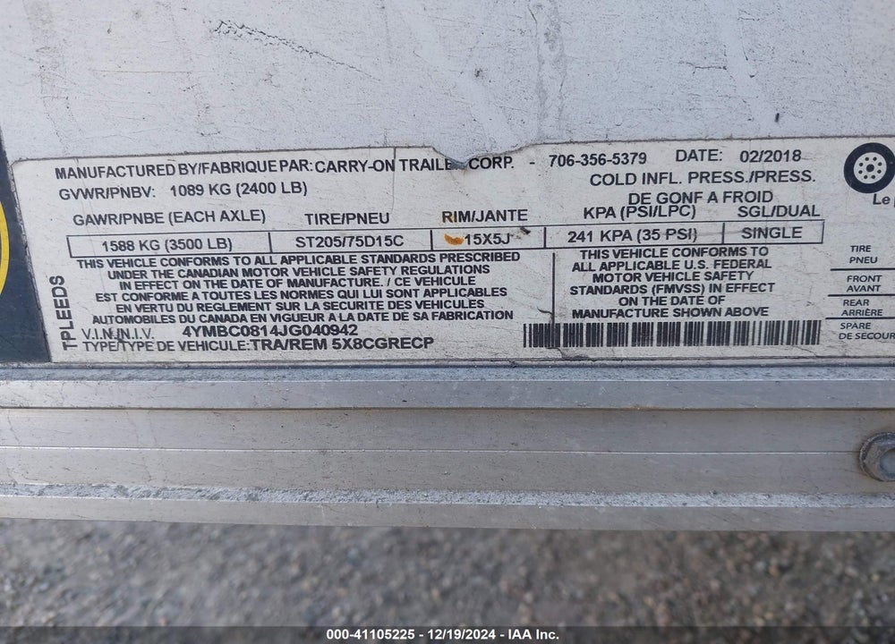 2018 CARRY ON UTILITY/CARRY VIN: 4YMBC0814JG040942