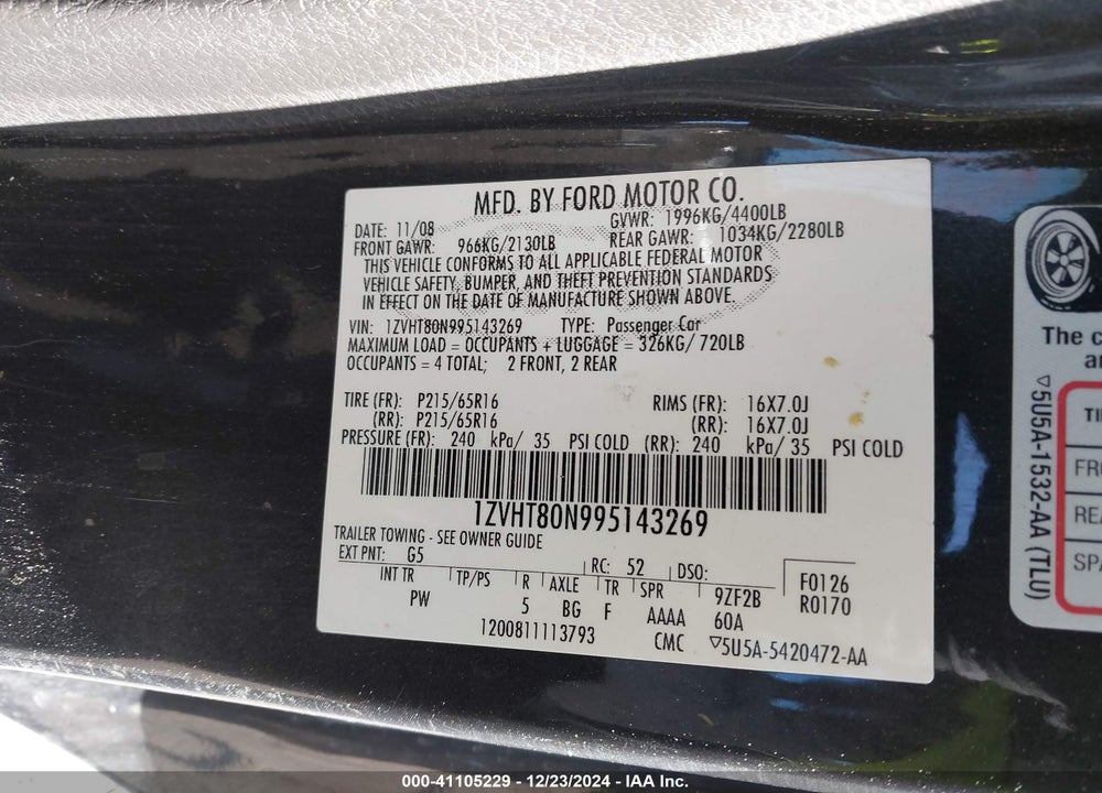 2009 FORD MUSTANG V6/V6 PREMIUM VIN: 1ZVHT80N995143269