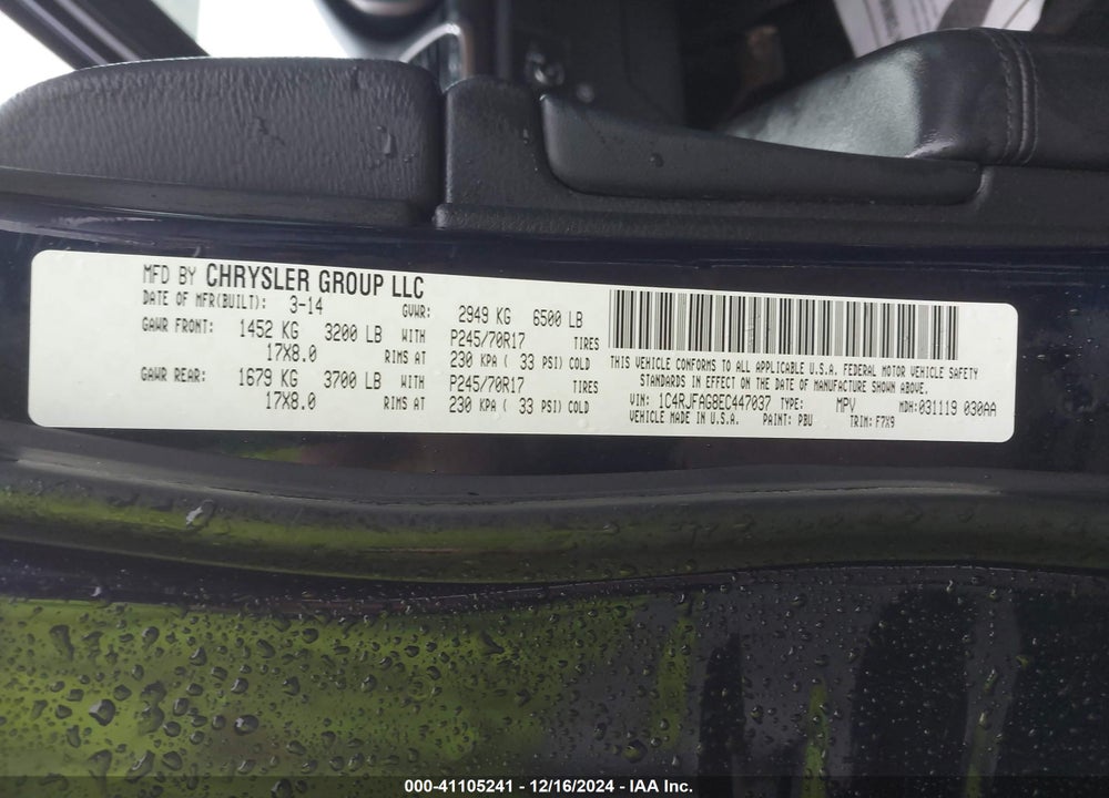 2014 JEEP GRAND CHEROKEE LAREDO VIN: 1C4RJFAG8EC447037