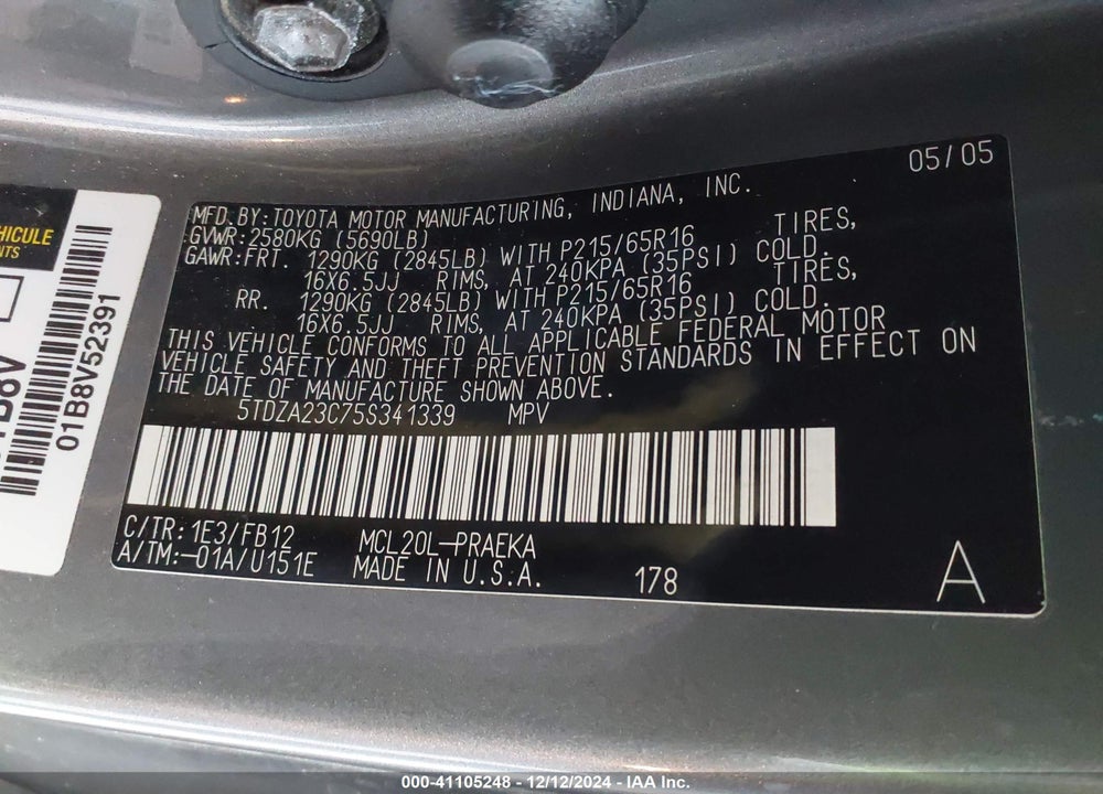 2005 TOYOTA SIENNA LE VIN: 5TDZA23C75S341339