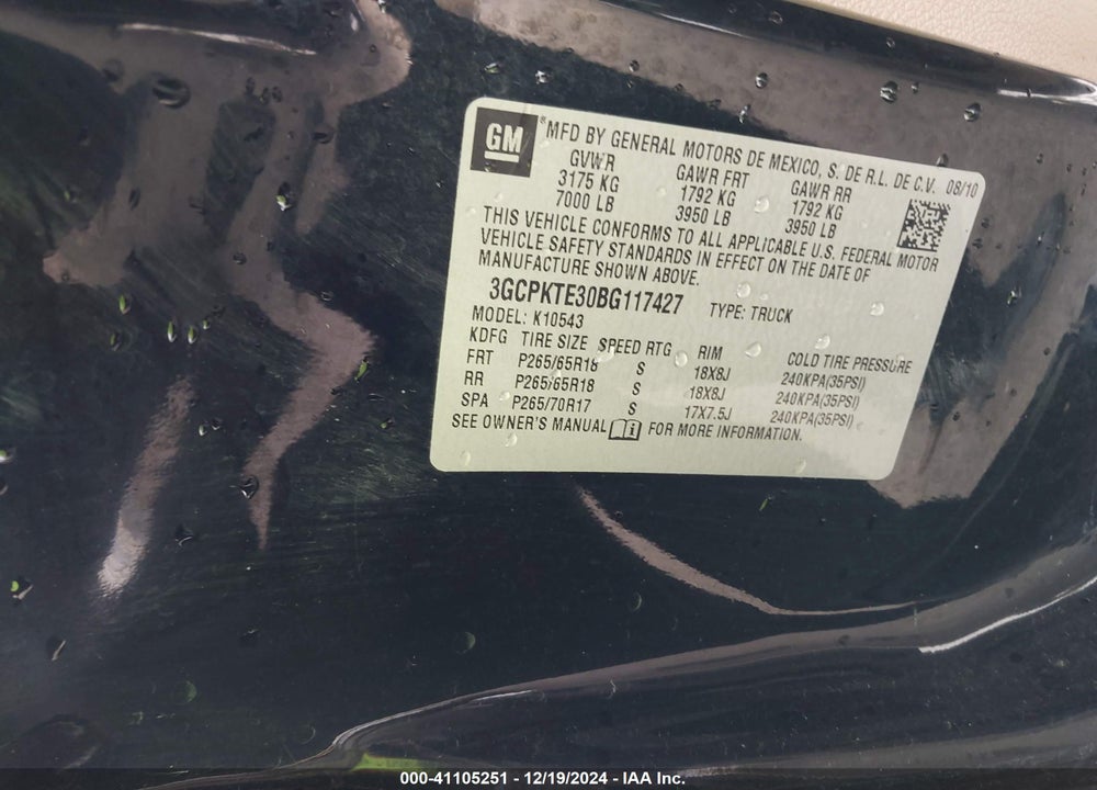 2011 CHEVROLET SILVERADO 1500 LTZ VIN: 3GCPKTE30BG117427