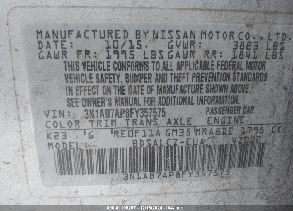 2015 NISSAN SENTRA S VIN: 3N1AB7AP8FY357575