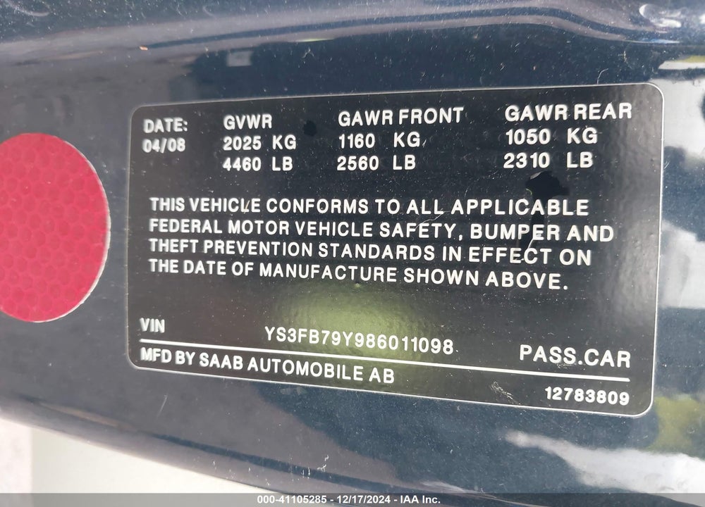 2008 SAAB 9-3 2.0T VIN: YS3FB79Y986011098