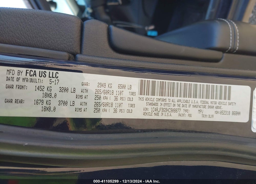 2017 JEEP GRAND CHEROKEE LIMITED 4X4 VIN: 1C4RJFBG9HC908877