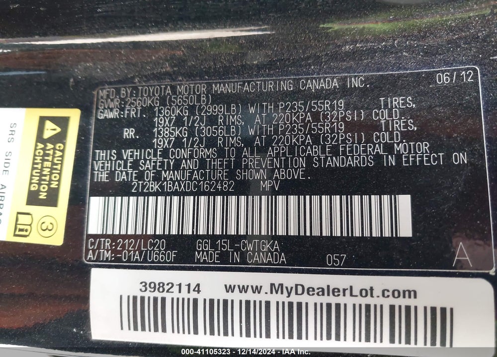 2013 LEXUS RX 350 VIN: 2T2BK1BAXDC162482