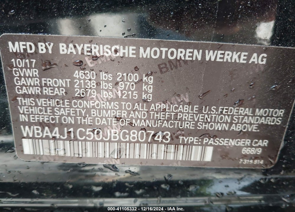 2018 BMW 430I GRAN COUPE VIN: WBA4J1C50JBG80743
