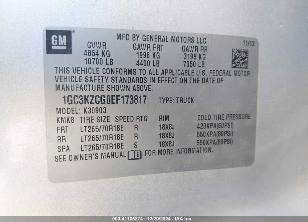 2014 CHEVROLET SILVERADO 3500HD WORK TRUCK VIN: 1GC3KZCG0EF173817
