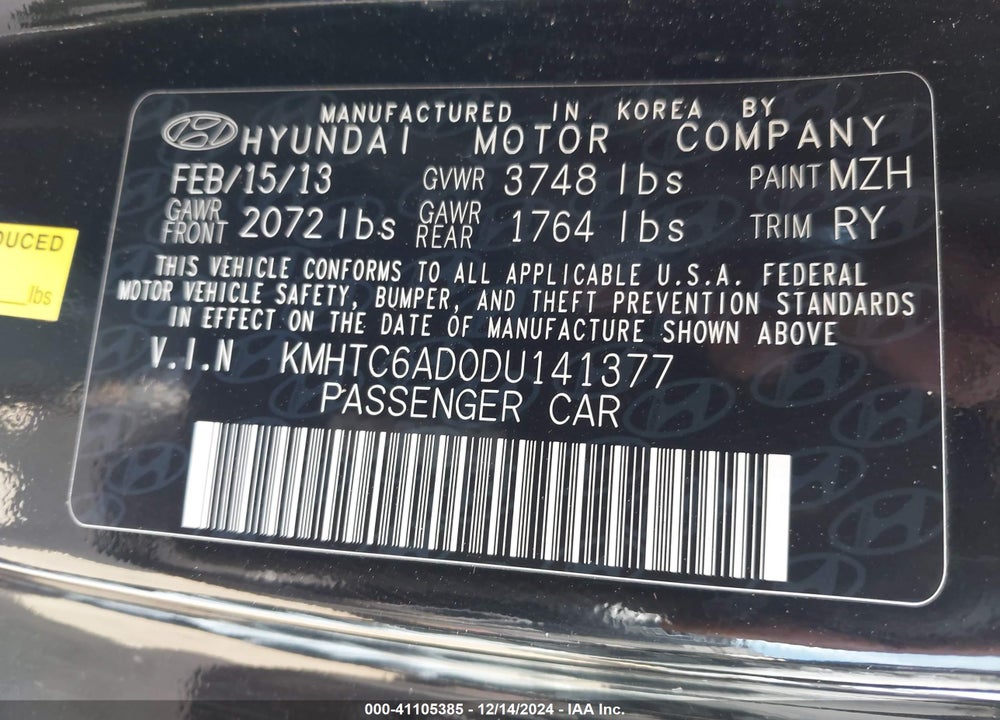 2013 HYUNDAI VELOSTER BASE W/BLACK VIN: KMHTC6AD0DU141377