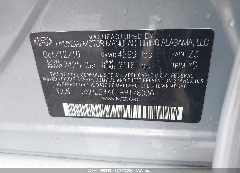 2011 HYUNDAI SONATA GLS VIN: 5NPEB4AC1BH178036