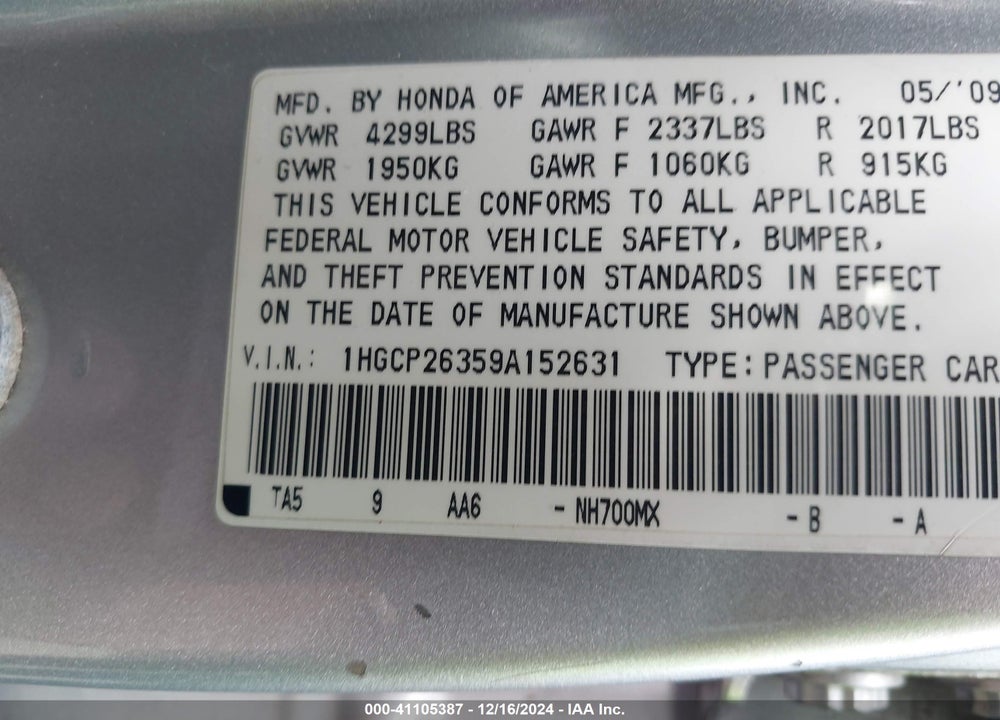 2009 HONDA ACCORD 2.4 LX VIN: 1HGCP26359A152631