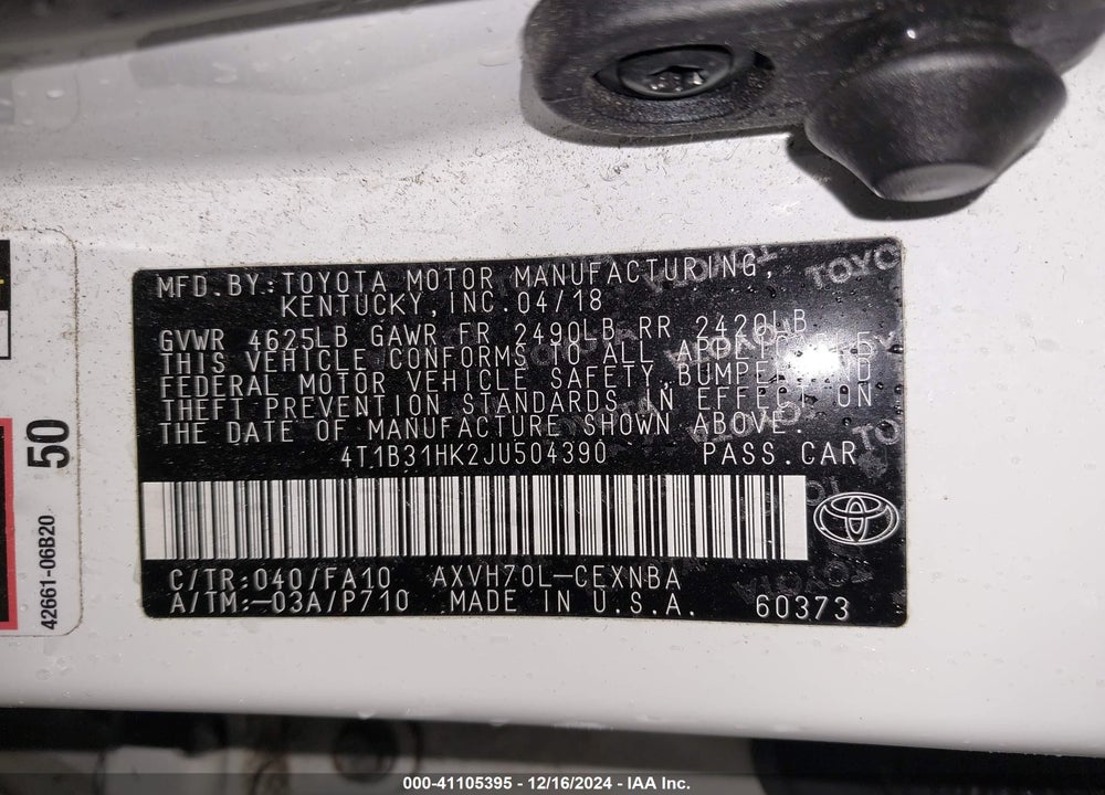 2018 TOYOTA CAMRY HYBRID LE VIN: 4T1B31HK2JU504390