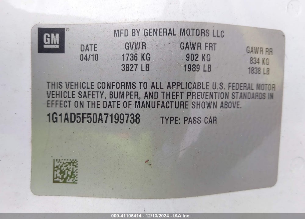 2010 CHEVROLET COBALT LT VIN: 1G1AD5F50A7199738