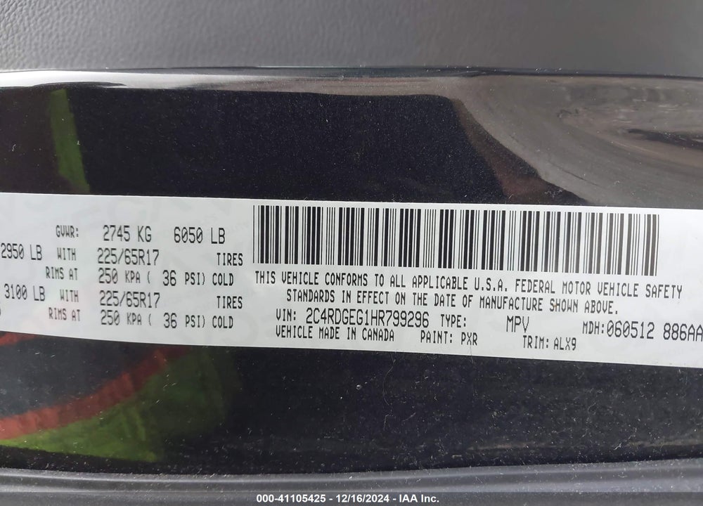 2017 DODGE GRAND CARAVAN GT VIN: 2C4RDGEG1HR799296