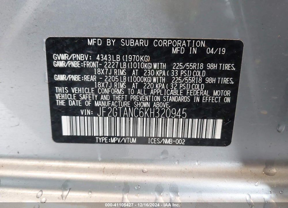 2019 SUBARU CROSSTREK 2.0I LIMITED VIN: JF2GTANC6KH320945