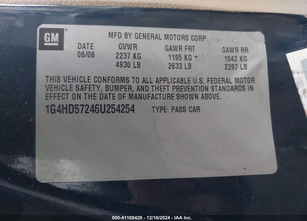 2006 BUICK LUCERNE CXL VIN: 1G4HD57246U254254