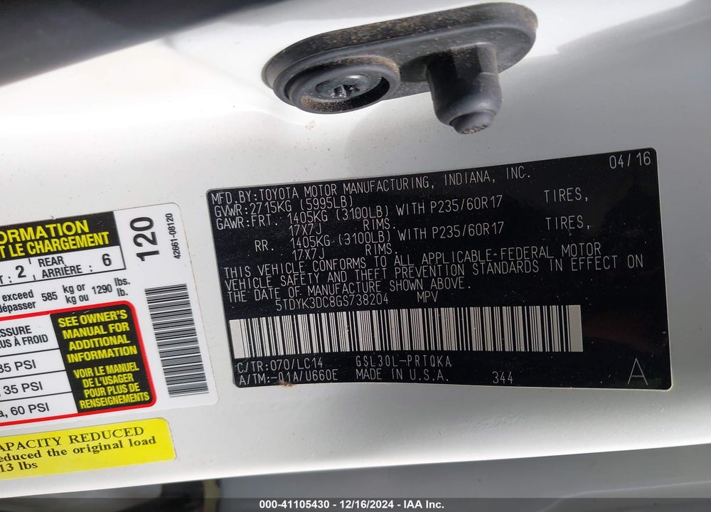 2016 TOYOTA SIENNA XLE PREMIUM 8 PASSENGER VIN: 5TDYK3DC8GS738204