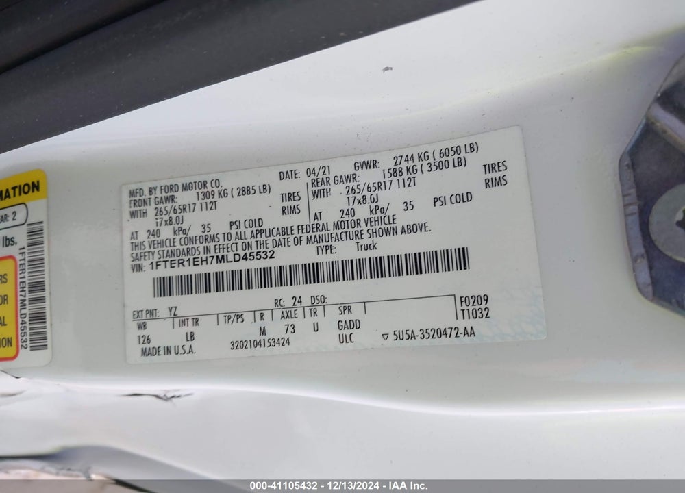 2021 FORD RANGER XLT VIN: 1FTER1EH7MLD45532