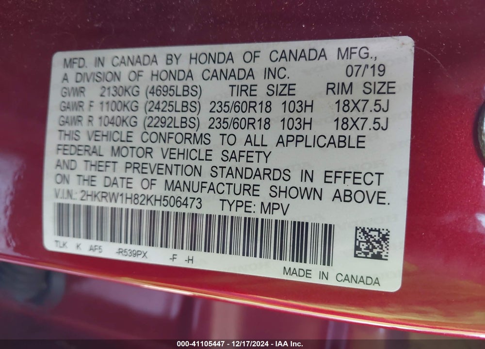 2019 HONDA CR-V EX-L VIN: 2HKRW1H82KH506473
