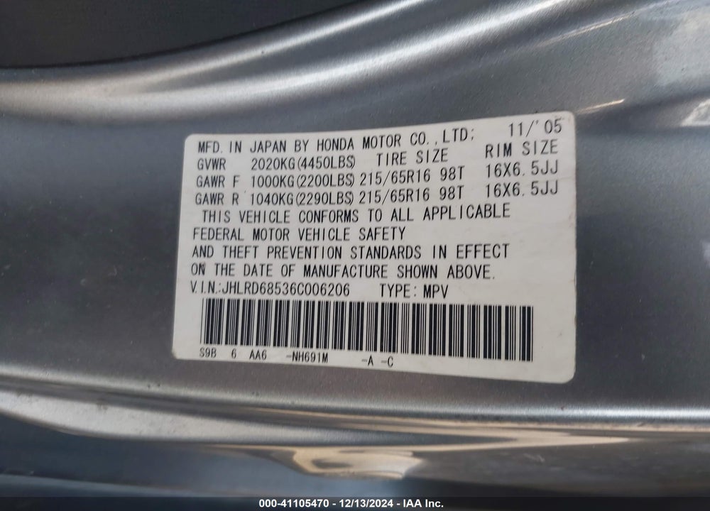 2006 HONDA CR-V LX VIN: JHLRD68536C006206